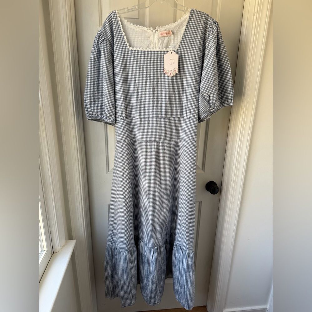 NWT Ivy City Co Hannah Blue Cotton Gingham Midi Dress Puff Sleeve 26W